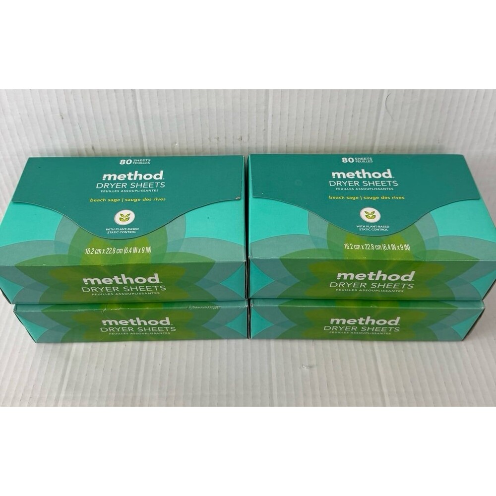 Lot Set of 4 Method Dryer Sheets Beach Sage 80 Sheets New Sealed 4 Pack